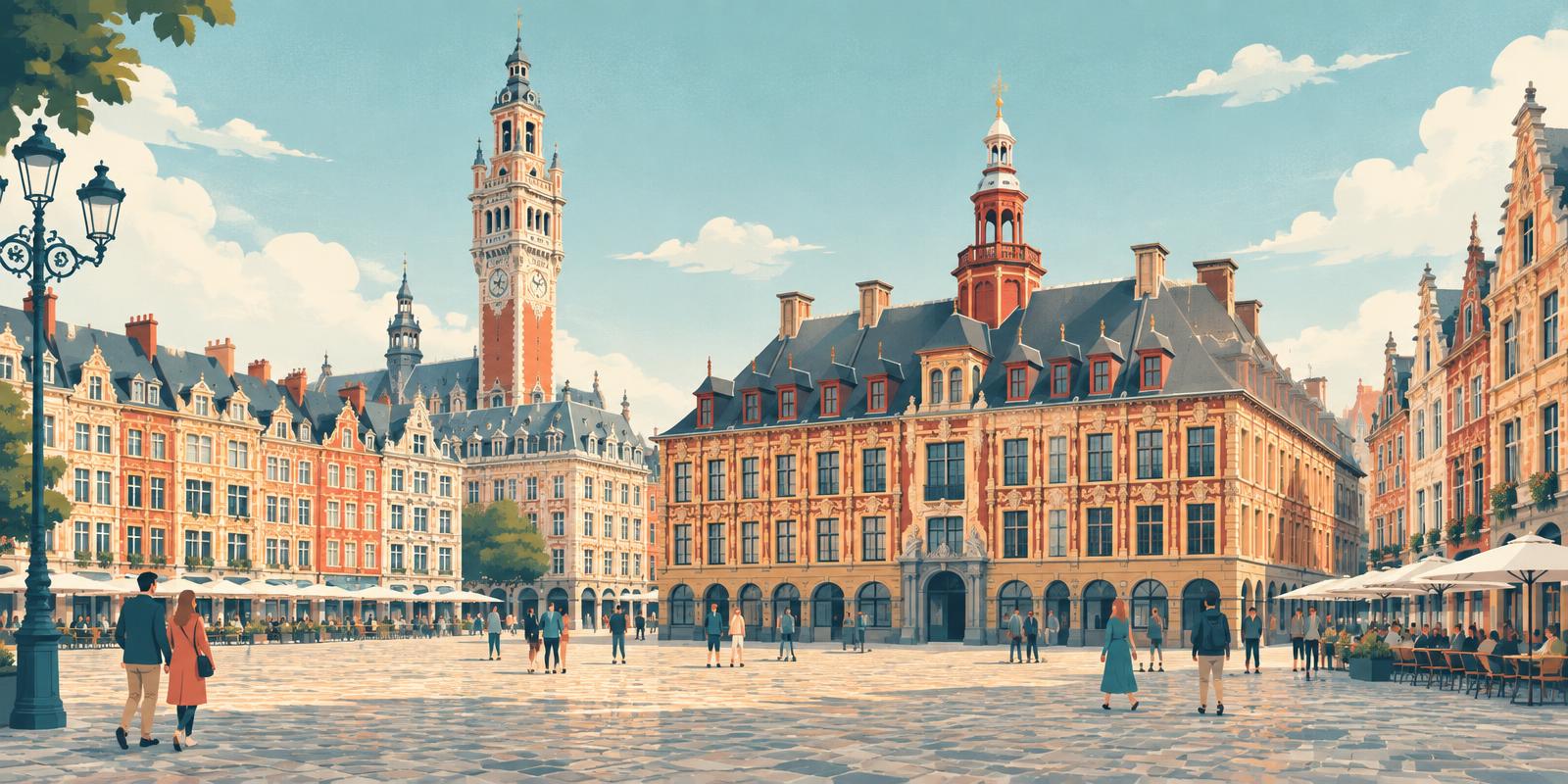 Vue illustrée de Lille, de la Grand-Place, du beffroi et de la Vieille Bourse