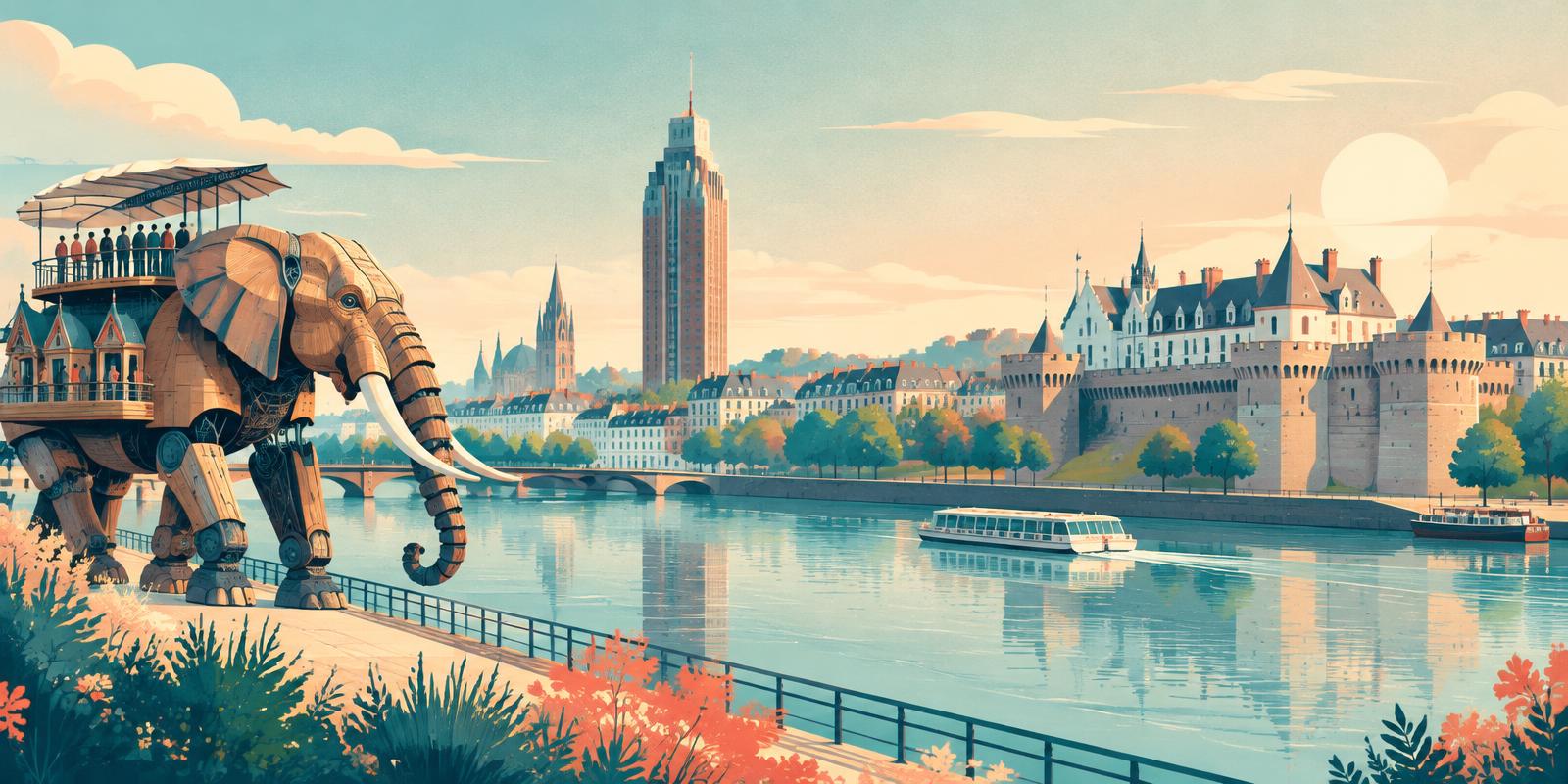 Vue illustrée de Nantes, de la Loire, du château des ducs et de l'éléphant des Machines de l'île