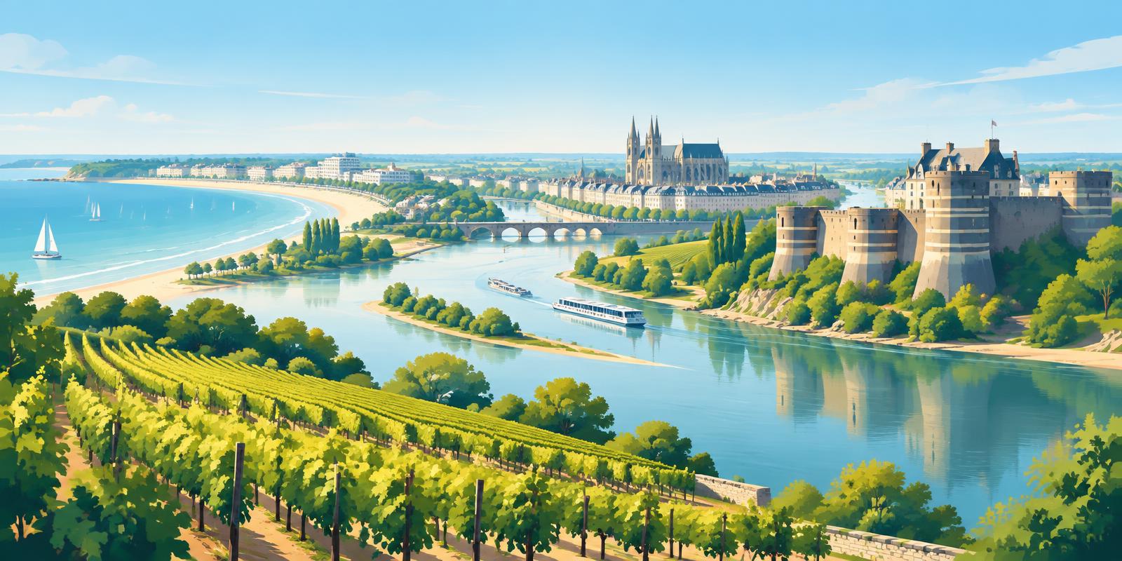 Vue illustrée des Pays de la Loire : la Loire, ses vignobles, le château d'Angers et la côte atlantique
