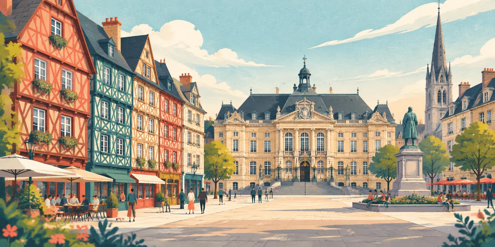 Vue illustrée de Rennes, de ses maisons à colombages et du parlement de Bretagne